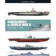 Cover of the book Submarines of World War II featuring four profile illustrations of World War II submarines, including German U-boats and US Navy submarines.