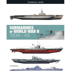Cover of the book Submarines of World War II featuring four profile illustrations of World War II submarines, including German U-boats and US Navy submarines.