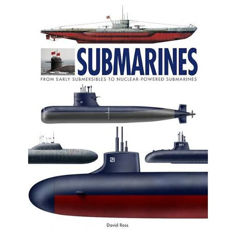 Book cover for Submarines, featuring various illustrations of naval history and the title “SUBMARINES: FROM EARLY SUBMERSIBLES TO NUCLEAR-POWERED SUBMARINES” by David Ross.