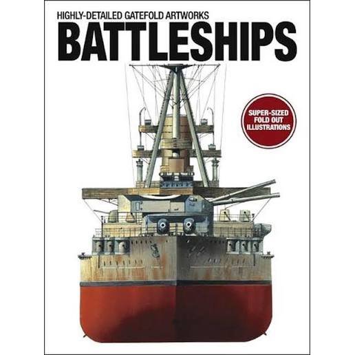 Front-facing illustration of a Battleships naval warship with text above reading “Highly-detailed gatefold artworks” and a red circular badge stating “Super-sized fold out illustrations.”