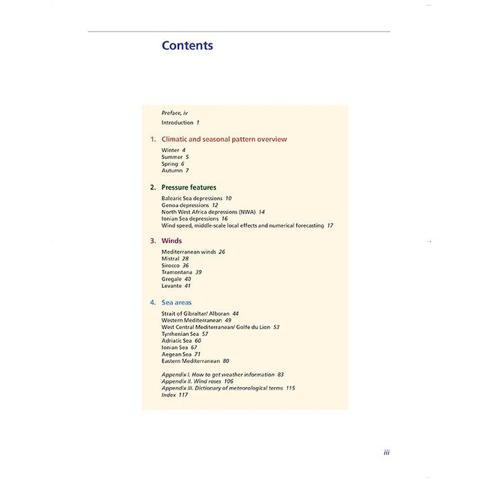The Imray Mediterranean Weather Handbook for Sailors features a table of contents with page numbers for sections on Mediterranean weather, seasonal patterns, pressure, winds, the Strait of Gibraltar, meteorological terms, and an appendix.
