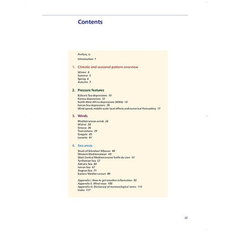 The Imray Mediterranean Weather Handbook for Sailors features a table of contents with page numbers for sections on Mediterranean weather, seasonal patterns, pressure, winds, the Strait of Gibraltar, meteorological terms, and an appendix.
