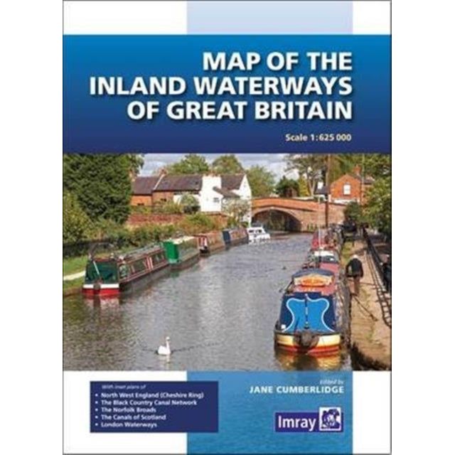 The cover of "Map of the Inland Waterways of Great Britain" by Imray displays navigable rivers, canals with boats, tree-lined banks, and a bridge. It features a 1:625,000 scale highlighting regions such as North West England and Scotland.