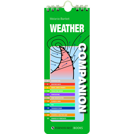 The "Weather Companion" by Fernhurst Books is a green, spiral-bound splash-proof booklet featuring a cyclone cone illustration and colorful contents list on the cover—an ideal onboard weather guide.