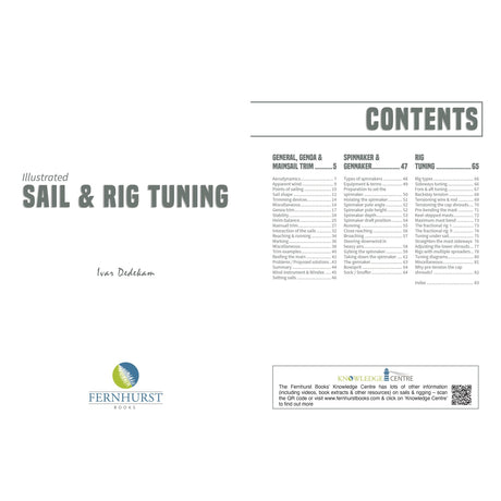 The image shows the title page and table of contents for "Illustrated Sail & Rig Tuning" by Fernhurst Books, with sections on General, Spinnaker & Gennaker, and Rig Tuning. Logos are displayed at the bottom.