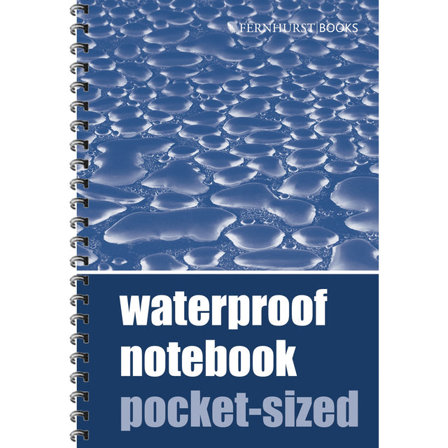 Fernhurst Books' Waterproof Notebook (Pocket-Sized) is a spiral-bound, blue-covered notepad with water droplet design—ideal for notes in any weather.