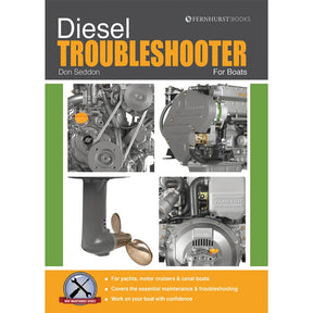 Book cover for "Diesel Troubleshooter For Boats" by Fernhurst Books, with images of diesel engine parts and a propeller. Text covers yacht engine repair and key diesel troubleshooting tips for boat owners.