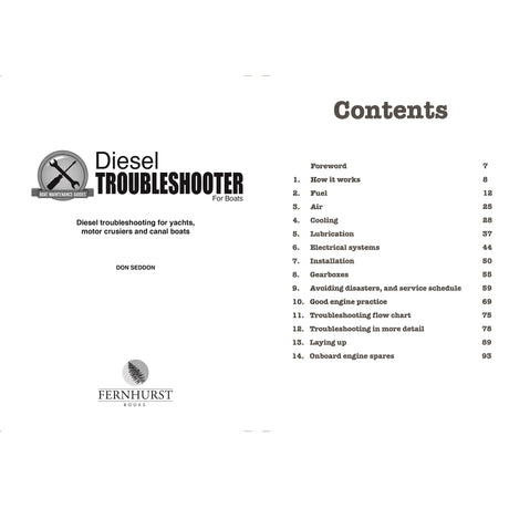 Book title page and table of contents for "Diesel Troubleshooter For Boats" by Fernhurst Books, covering diesel engine troubleshooting, yacht engine repair, gearboxes, lubrication, fuel, air, cooling, electrical systems, and boat maintenance.