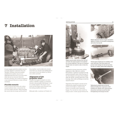 The "Diesel Troubleshooter For Boats" manual by Fernhurst Books includes black-and-white photos, diagrams, and text on installing and aligning a propeller shaft—key for yacht engine repair and maintenance.