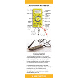 The Electrics Companion by Fernhurst Books, an auto-ranging multimeter for boat wiring, shows “12.57V” as red and black test leads check a circuit. Labeled buttons and jacks aid use; instructions and troubleshooting tips are below the image.
