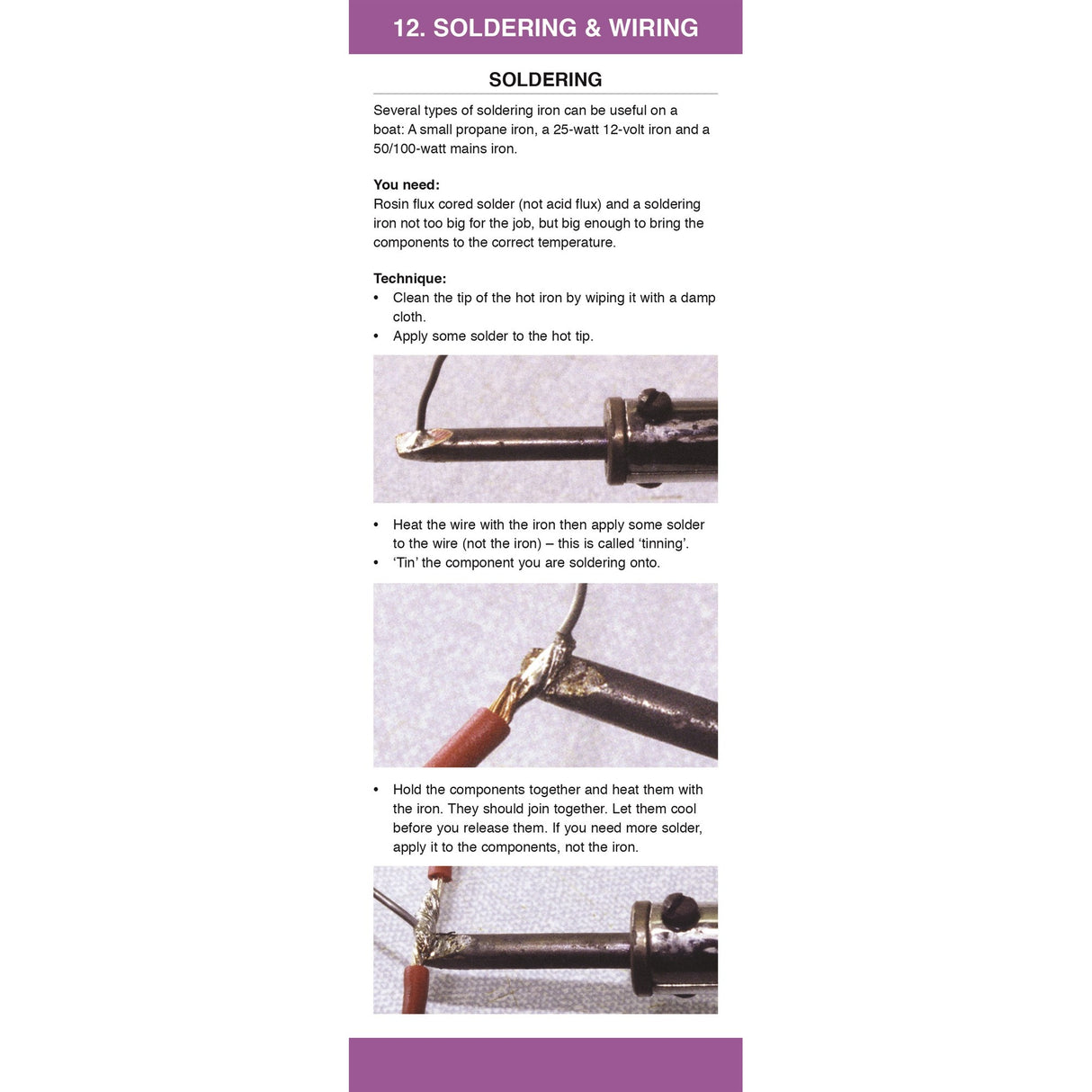 The Electrics Companion by Fernhurst Books provides step-by-step wiring guides with images of soldering irons and solder wire in use, featuring instructions on cleaning tips, applying solder, heating joints, and joining wires for boat electrics.