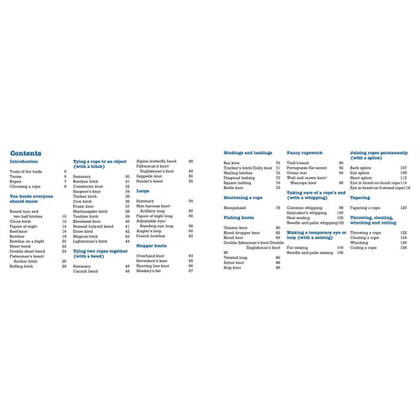 The Knot Know-How by Fernhurst Books offers a detailed table of contents with sections on knot tying, including sailing knots, loops, bindings, hitches, splicing methods, and more—complete with specific knot names and page numbers.