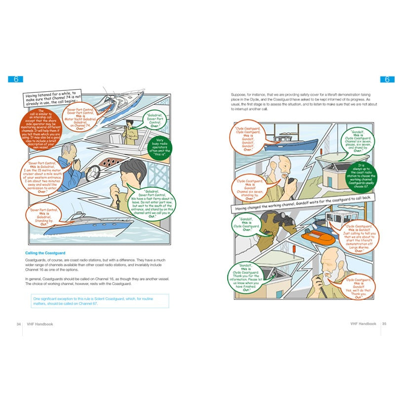 Two illustrated pages from the Royal Yachting Association’s RYA VHF Handbook show people on boats using VHF radios, with speech bubbles explaining procedures as they demonstrate correct use for the VHF Operator's Short Range Certificate.