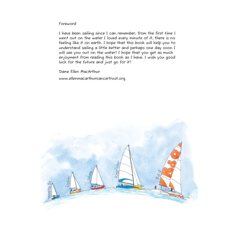 Five colorful sailboats with orange flags glide on blue water beneath a bright sky. Above, a printed foreword celebrates sailing and introduces the RYA Go Sailing! series by the Royal Yachting Association for young sailors to enjoy.