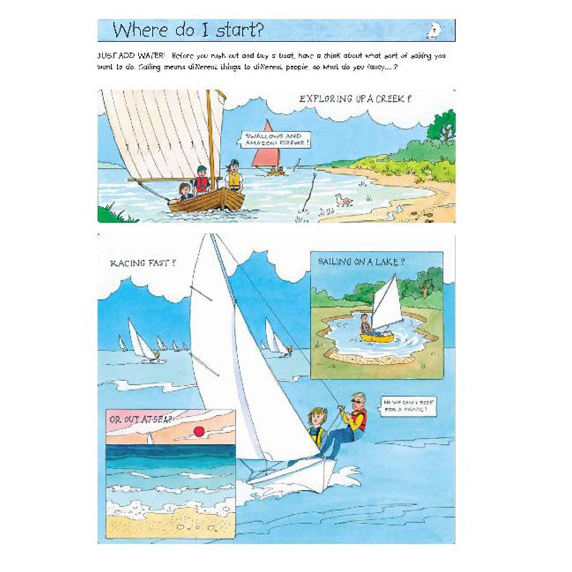 A vibrant comic-style page from "RYA Go Sailing!" by the Royal Yachting Association shows kids exploring a creek, racing, and sailing at sea—illustrating youth sailing stages with lively dialogue and colorful water scenes.