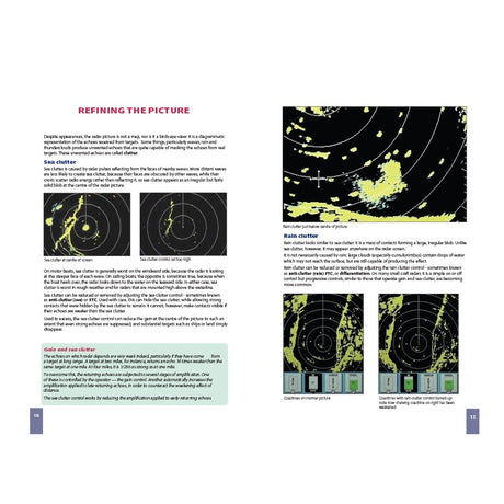 A two-page spread from the Royal Yachting Association’s "RYA Introduction to Radar" shows radar display screenshots, diagrams, and tips on sea and rain clutter—ideal for those taking the RYA radar course.