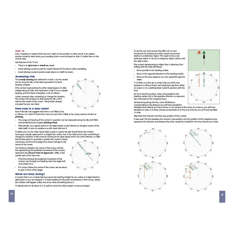 A book spread from "RYA Introduction to Radar" by Royal Yachting Association features text and four radar diagrams on boat collision avoidance, with colored lines and annotations for directions, risk assessments, paths, and positions.
