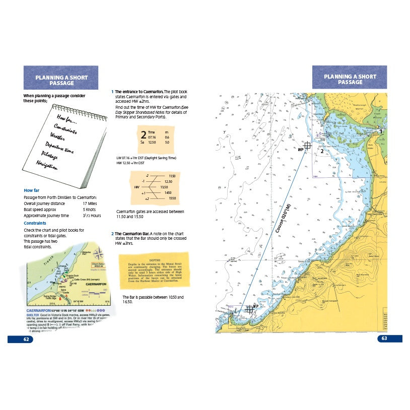 A two-page spread from the Royal Yachting Association's RYA Day Skipper Practical Course Notes shows planning tips, a notebook, tide times, tidal data, and a nautical chart—ideal for cruising yacht sailors and course students.