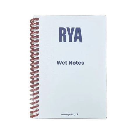 A white, spiral-bound waterproof notebook from the Royal Yachting Association, labeled "RYA Wet Notes," featuring the website "www.rya.org.uk" at the bottom of its cover.