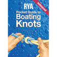 The illustrated cover of the Royal Yachting Association's "RYA Pocket Guide to Boating Knots" shows hands tying boating knots with rope over a water droplet background. A red banner says "waterproof." Perfect as an RYA training guide.