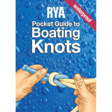 The illustrated cover of the Royal Yachting Association's "RYA Pocket Guide to Boating Knots" shows hands tying boating knots with rope over a water droplet background. A red banner says "waterproof." Perfect as an RYA training guide.