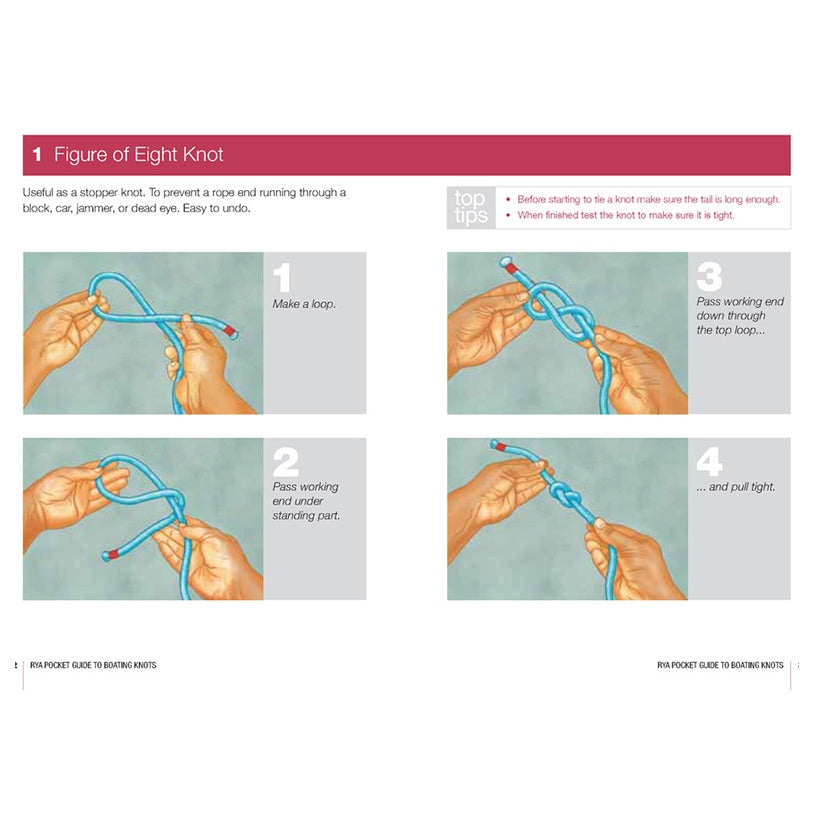 The RYA Pocket Guide to Boating Knots by the Royal Yachting Association features step-by-step photos and tips for tying a figure of eight knot—perfect for boaters or those following the official RYA training guide.