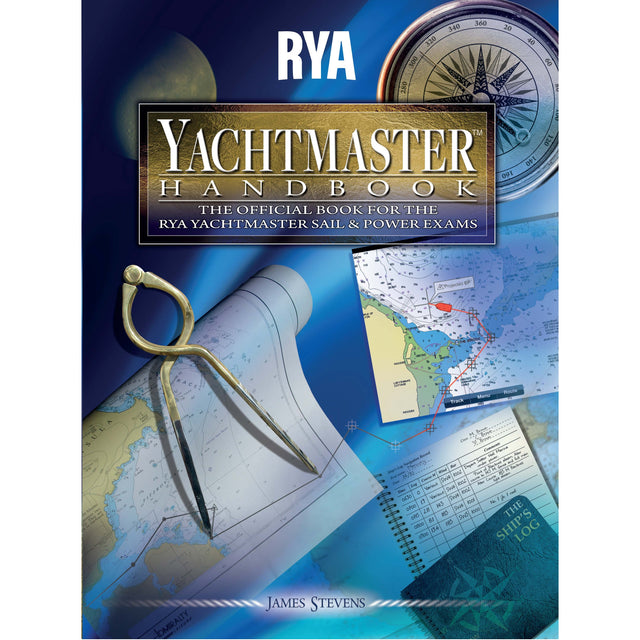 The "RYA Yachtmaster Handbook" by the Royal Yachting Association features a blue maritime-themed cover with compass divider, nautical charts, map, logbook, and compass rose—perfect for Yachtmaster Offshore exam preparation.