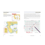 An open RYA Yachtmaster Handbook by Royal Yachting Association displays nautical charts, tidal stream graphs, maps, diagrams, plotted routes, and highlighted sections across both visible pages.