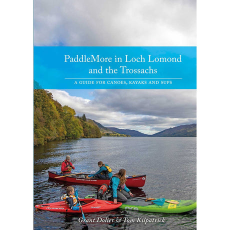 Three paddlers in red kayaks glide across a serene lake encircled by verdant and autumn-hued trees, set against rolling hills and a partly cloudy sky. Evoking the spirit of Trossachs kayaking, this peaceful scene embodies the tranquility and natural beauty highlighted in PaddleMore in Loch Lomond and the Trossachs by Pesda Press—perfect inspiration for your own Loch Lomond adventure.
