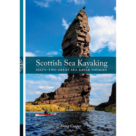 A kayaker paddles near a towering, rugged sea stack along Scotland’s rocky coastline beneath a partly cloudy sky. The image features the book title "Scottish Sea Kayaking" by Pesda Press overlaid on top.