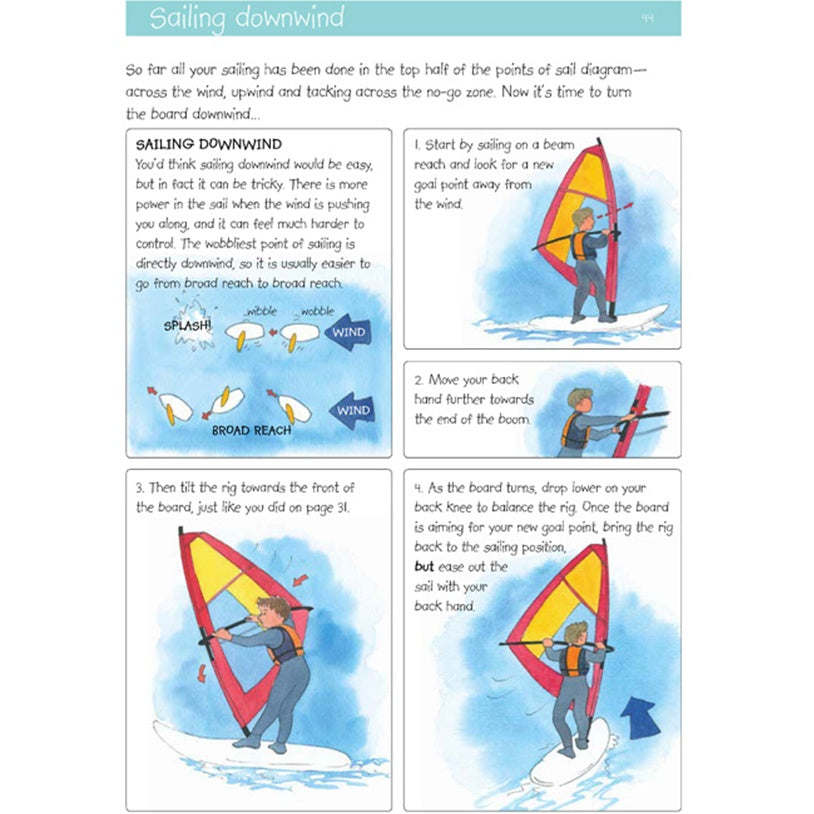 The Royal Yachting Association’s “RYA Go Windsurfing!” is a colorful beginner’s guide with step-by-step illustrations showing downwind windsurfing, labeled wind direction, and clear text instructions.