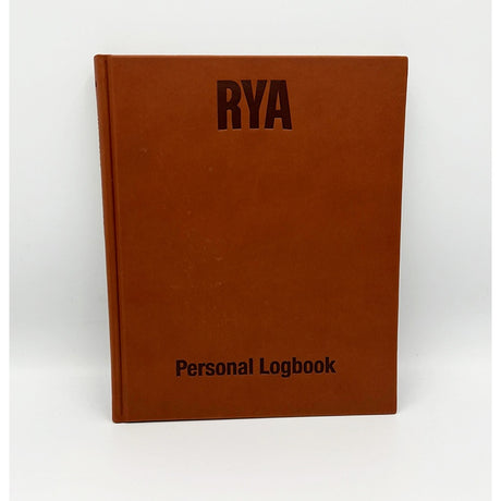 The Royal Yachting Association's RYA Personal Logbook, a brown hardcover, stands upright against a white background—ideal for documenting your journey as a Coastal Skipper or Yachtmaster.