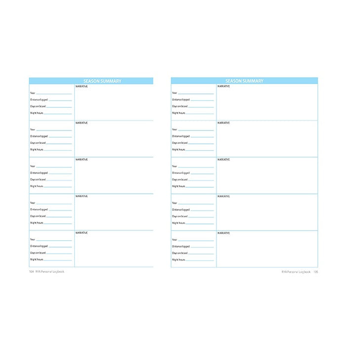 The RYA Personal Logbook by the Royal Yachting Association offers two pages of season summary templates with blue headers, sections for narrative, and columns to record date, drama support, event/contact, topic, and next turn.
