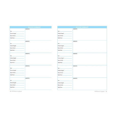 The RYA Personal Logbook by the Royal Yachting Association offers two pages of season summary templates with blue headers, sections for narrative, and columns to record date, drama support, event/contact, topic, and next turn.