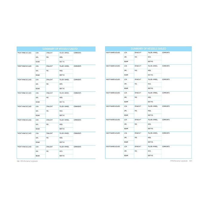 Two pages from the RYA Personal Logbook by Royal Yachting Association, showing the "Summary of Vessels Sailed" table with vessel name, date, draught, berths, and comments in a clean layout with blue headers.