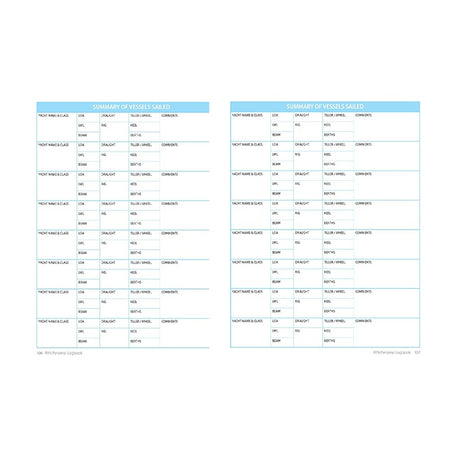 Two pages from the RYA Personal Logbook by Royal Yachting Association, showing the "Summary of Vessels Sailed" table with vessel name, date, draught, berths, and comments in a clean layout with blue headers.