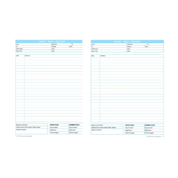 The Royal Yachting Association RYA Personal Logbook features two pages with blue lines and headings, including sections for date, vessel name, skipper, crew, remarks, cruise details, and spaces to record Coastal Skipper Yachtmaster achievements.