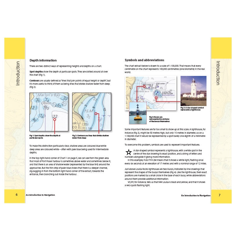 Pages 6–7 of the Royal Yachting Association's "RYA An Introduction to Navigation" explain depth info and chart symbols with nautical chart diagrams, a lighthouse photo, and beginner tips on yellow boxes.