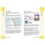 Pages 6–7 of the Royal Yachting Association's "RYA An Introduction to Navigation" explain depth info and chart symbols with nautical chart diagrams, a lighthouse photo, and beginner tips on yellow boxes.