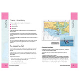 A textbook spread from the Royal Yachting Association’s "RYA An Introduction to Navigation" features a map, a photo of a kayaker, and text on visual fixing and navigation positions, with pink and blue accents framing the pages.