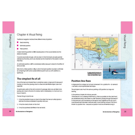 A textbook spread from the Royal Yachting Association’s "RYA An Introduction to Navigation" features a map, a photo of a kayaker, and text on visual fixing and navigation positions, with pink and blue accents framing the pages.