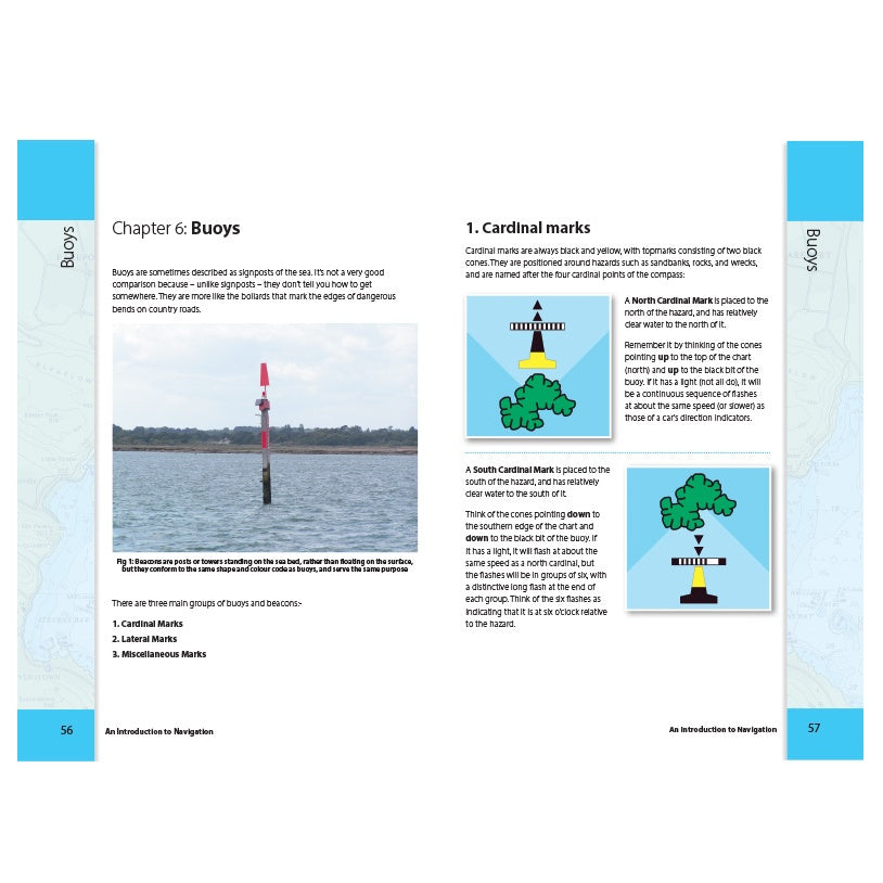 A page from "RYA An Introduction to Navigation" by the Royal Yachting Association features a buoy in water, with diagrams and explanations of cardinal marks, directions, and colors—perfect for learners of navigation and seamanship.