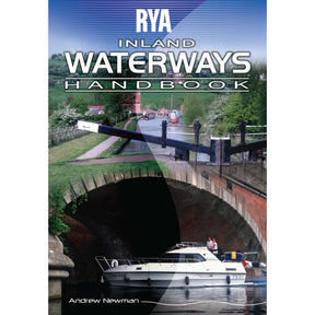 Cover of the Royal Yachting Association's RYA Inland Waterways Handbook, showing a white motorboat beneath a canal bridge—ideal for inland waterways helmsmen seeking to enhance their boat handling skills.
