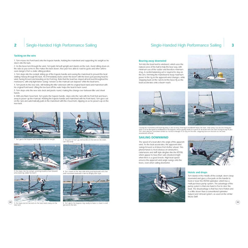 Two pages from the Royal Yachting Association’s "RYA Dinghy Techniques" feature images of a sailor maneuvering a dinghy, with step-by-step captions and expert advice on tacking, downwind sailing, helpful hints, and tips.
