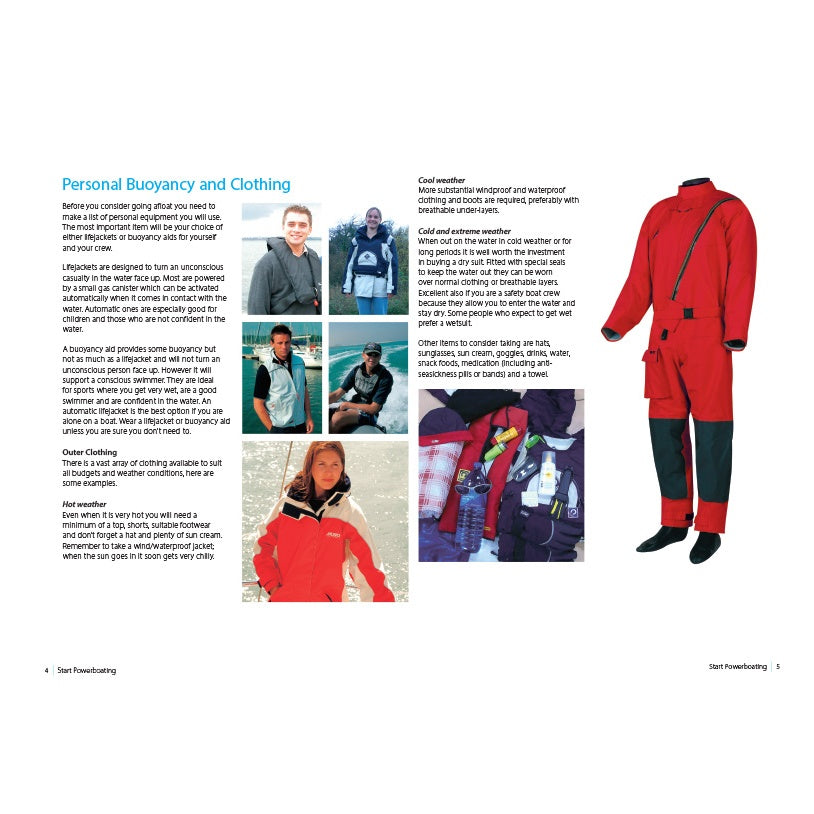 RYA Start Powerboating by the Royal Yachting Association offers tips for novice powerboaters on buoyancy and clothing, with safety advice, photos of people in lifejackets and outdoor gear, a woman in an orange jacket, clothing details, and a red survival suit.