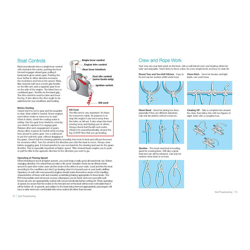 Two pages from the RYA Start Powerboating course by Royal Yachting Association: one shows boat controls with a control lever and ignition diagram; the other provides step-by-step rope knot instructions on blue backgrounds.