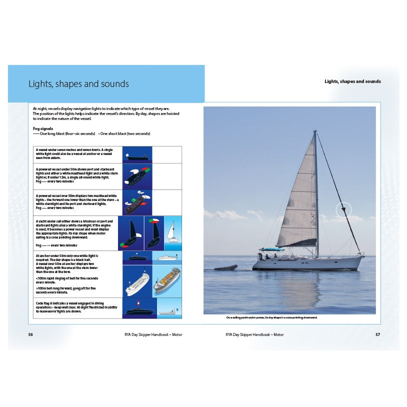 A spread from the RYA Day Skipper Handbook Motor by the Royal Yachting Association shows navigation light diagrams and descriptions on one page, with a sailboat on calm water under a clear sky on the opposite page.