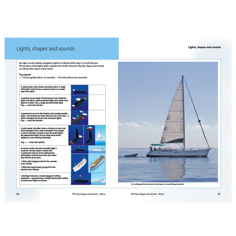A spread from the RYA Day Skipper Handbook Motor by the Royal Yachting Association shows navigation light diagrams and descriptions on one page, with a sailboat on calm water under a clear sky on the opposite page.