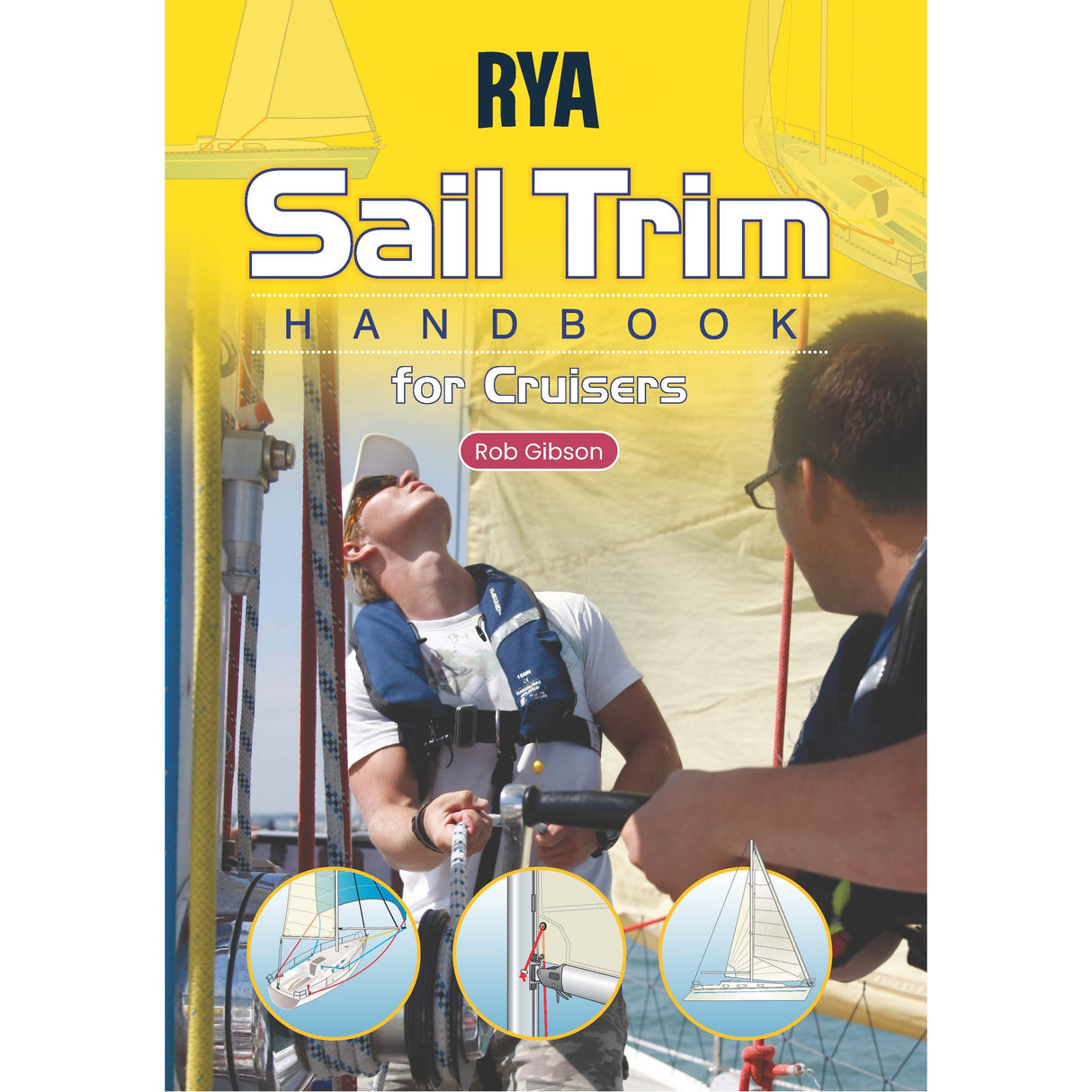 A book cover featuring a cruising sailor on a boat, inspired by the RYA Sail Trim Handbook from the Royal Yachting Association.