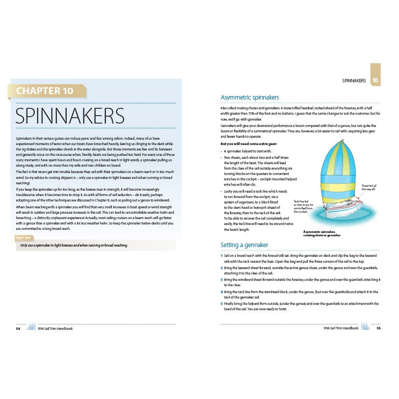 Two pages from the Royal Yachting Association’s RYA Sail Trim Handbook: the left page introduces chapter 10 on spinnakers for cruising sailors, while the right explains asymmetric spinnakers with trim tips and a labeled diagram.